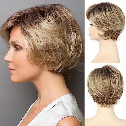 SEVENCOLORS Short Blonde Pixie Cut Wigs for White Women Layered Short Wavy Mixed Blond Wigs with Highlights Natural Synthetic Hair Womens Wigs