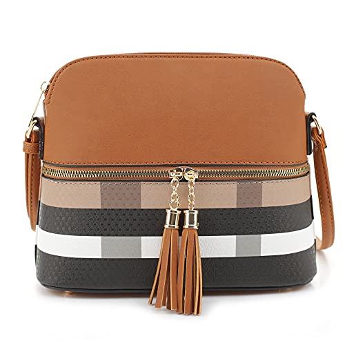 SG SUGU Lightweight Medium Dome Crossbody Bag with Tassel  Plaid Pattern  BrownBrown