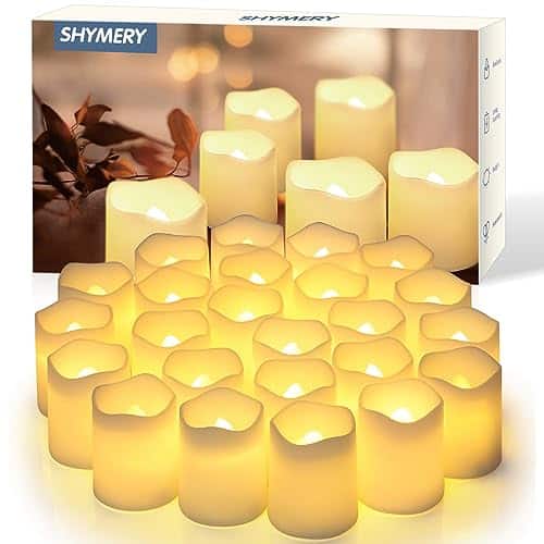 SHYMERY Flameless Votive Candles, Flickering Electric Fake Candle,Pack +Hour Battery Operated LED Tea Lights in Warm White for Wedding, Table, Festival, Halloween,Christmas Decorations