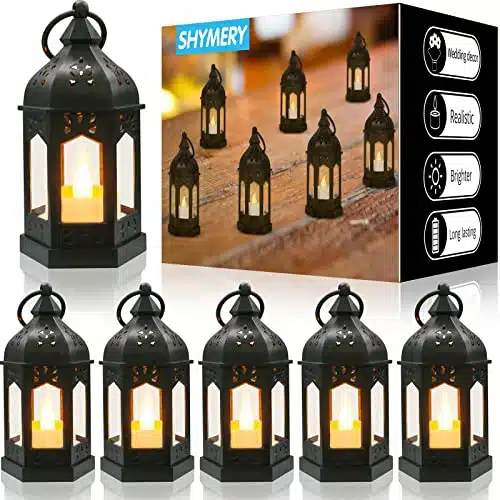 SHYMERY Mini Lantern with Flickering LED Candles,Vintage Black Decorative Hanging Candle Lanterns for Halloween,Wedding Decorations,Christmas,Table Centerpiece,Battery Includedï¼Set of ï¼