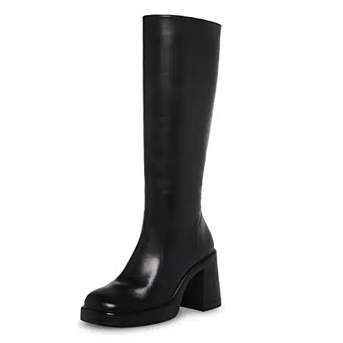 SOVANYOU Black Leather Boots Platform Knee High Boots for Women Chunky Block Heeled Boots Square Toe Go Go Boot High Heel Tall Boots Side Zip