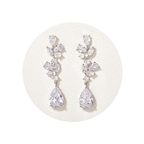 SWEETV Bridal Wedding Earrings for Brides Bridesmaides Marquise Teardrop Earrings for Women, Cubic Zirconia Drop and Dangle Earrings for Prom or Pageant,Jewelry, Silver