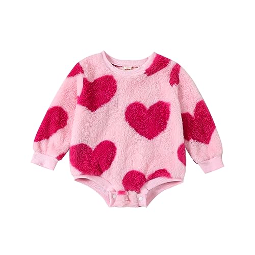 Scloutarry Baby Girl Boy Valentine's Day Outfits Long Sleeve Heart Print Crewneck Thick Romper Fleece Winter Clothes (PinkA, onths)