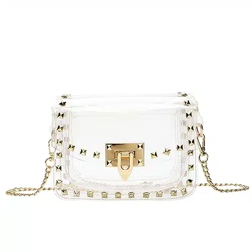SharPlus Clear Crossbody Purse Bag Stadium Approved with Studded Rivet for Women, Clear PVC Handbag for Concert & Game Day (Gold)