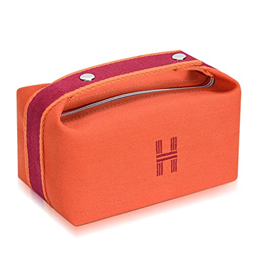 Sluxa Fashion Makeup Bag for Women, Orange Red Canvas Make up Travel Bag, Hanging Cosmetic Bag Organizer for Women