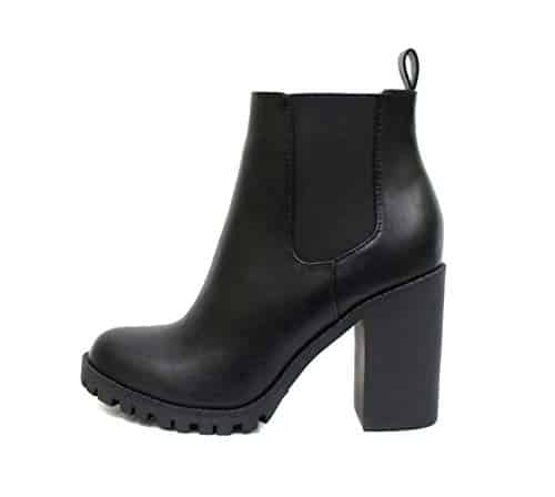 Soda Glove   Ankle Boot wLug Sole Elastic Gore and Chunky Heel (, Black (PU))