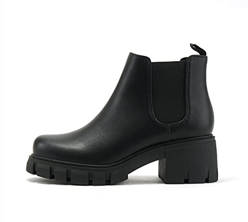 Soda PIONEER ~ Women Lug Sole Mid Heel Chelsea Fashion Ankle Bootie wDouble Elastic Gore (Black, numeric_)