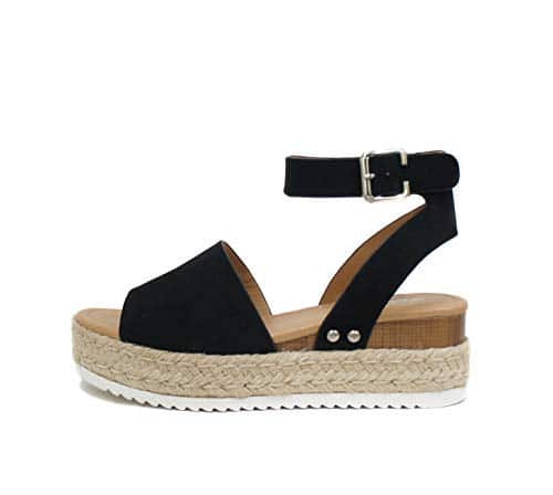 Soda Topic Open Toe Buckle Ankle Strap Espadrilles Flatform Wedge Casual Sandal (, BLACK)