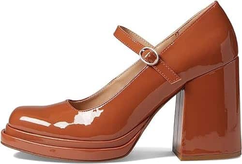 Steve Madden Wish Camel Patent Slip On Block Heel Squared Toe Mary Jane Pumps (Camel Patent, )