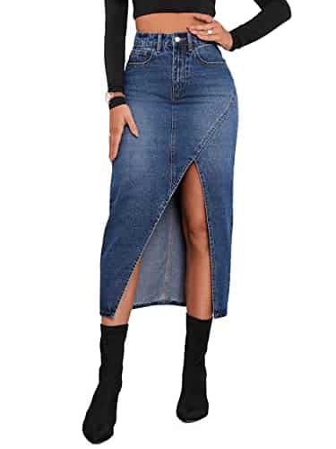 SweatyRocks Women's Casual Denim Skirt High Waist Split Front Long Jean Skirts Dark Blue M
