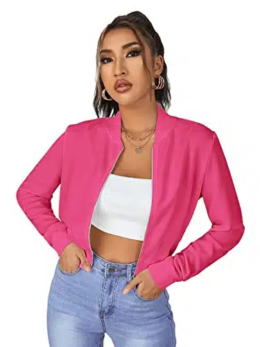 SweatyRocks Women's Casual Long Sleeve Solid Zip Up Coat Crop Bomber Jacket Solid Hot Pink M