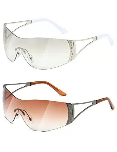 TIANYESY YK Sunglasses For Women Men Fashion Shield Rimless Wrap Around Sunglass Gradient Lens Trendy Oversize Sun Glasses (Silver+Gradual Tan)