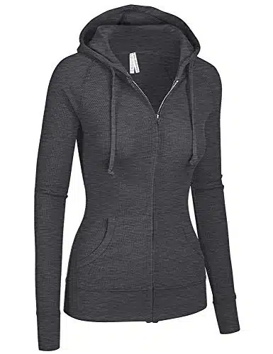 TL Women's Solid Warm Thin Thermal Knitted Casual Zip Up Hoodie Jacket CHARCOAL M