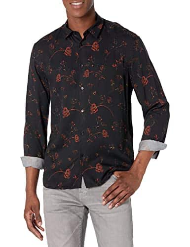 The Kooples Men's Floral Printed Long Sleeve Button Down Shirt, BlackRed, Small