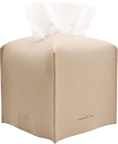 Tissue Box Cover Holder, Square with Bottom Belt by Carrot's Den   PU Leather Decorative Organizer for Tabletop, Bathroom, Car, Office  Beige