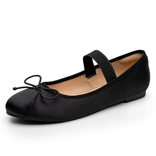 Trary Black Flats Shoes Women, Women's Flats, Black Flats for Women, Black Ballet Flats for Women, Elastic Strap Flats for Women, Round Toe Womens Ballet Flats, Cute Bowknot Dress Shoes for Women
