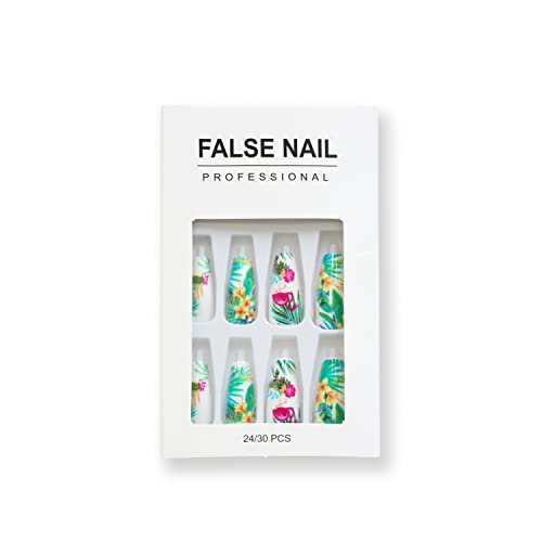 Tropical Press on Nails, Pcs Long Coffin Fake Nails, Flower Leaf Designs Spring Summer Glue on Nails, Full Cover False Nails, Hawaiian Exquisite Static False Nails for Women