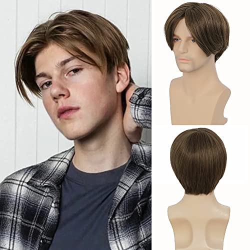 Tseses Brown Short Straight Men Wigs Synthetic Hair Wig Natural Middle Part Daily Wigs for Men