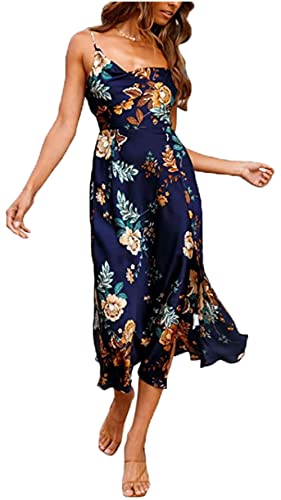 Tsher Women's Cowl Neck Spaghetti Strap Slit Satin Wedding Guest Party Dress Backless Midi Formal Dresses (S, Blue Floral)â¦â¦