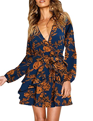 UGUEST Women Long Sleeve V Neck Dress Floral Mini Swing Party Wedding Dress with Belt Navy & Yellow Flowers XL