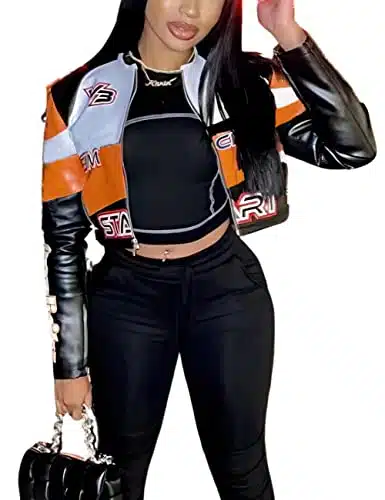 VOIKERDR Leather Jacket Women Zipper Moto Biker Short Bomber Faux