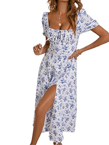 WDIRARA Women's Floral Print Tie Front Square Neck Short Sleeve Split Thigh Dress Blue and White L