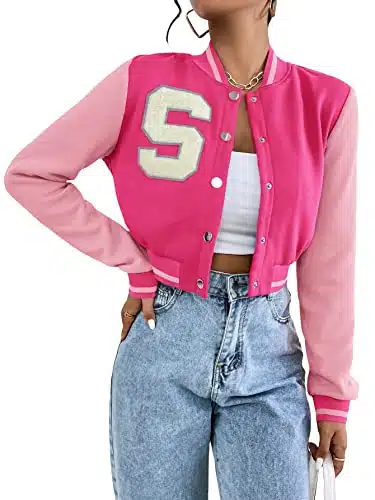 WDIRARA Women's Letter Print Crop Baseball Jacket Bomber Long Sleeve Colorblock Varsity Outerwear Pink White M