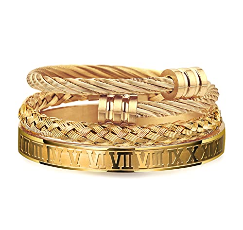 WFYOU PCS Stainless Steel Bracelets for Men Gold Roman Numeral Bangle Twisted Cable Adjustable Cuff Bracelet Mens Luxury Jewelry Gifts