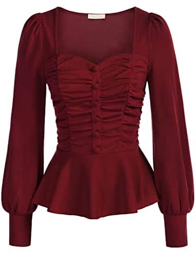 Women Plus Size Peplum Tops Burgundy Runched Tops Lantern Sleeve Blouse (Wine,XL)