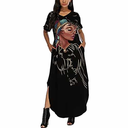 Women's Afro Girl African American   Black Natural Hair Styles Summer Casual Loose Pocket Long Dress Short Sleeve Split Maxi Dresses XXL