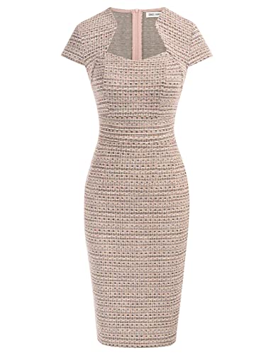 Women's Elegant Cap Sleeve Tweed Plaid Hips Wrapped Pencil Dress S
