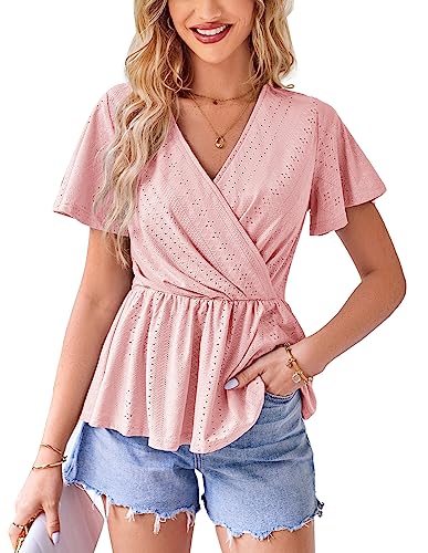 Women's Eyelet Tops Summer Casual Ruffle Sleeve Work Shirt V Neck Peplum Tops Pink L