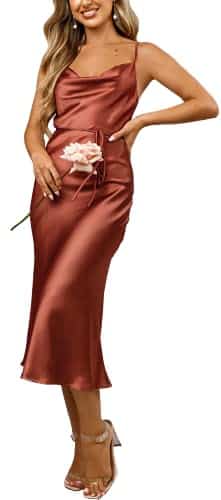 Women's Sleeveless Spaghetti Strap Satin Wedding Guest Party Dress Cocktail Beach Evening Cowl Neck Backless Midi Formal Dresses (M, Rust Satin Dress)