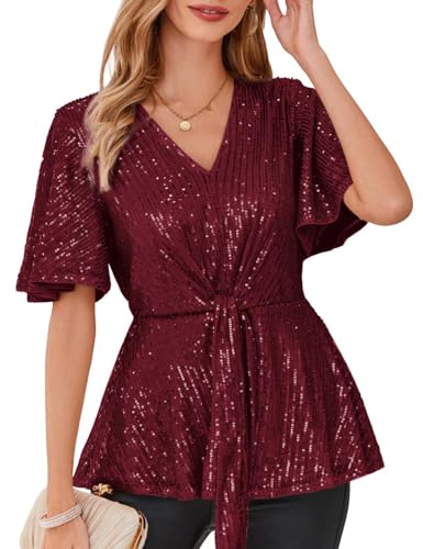 Women's Wine Red Peplum Sequin Tops V Neck Bell Sleeve Tops Tie Front Elegant Blouses M