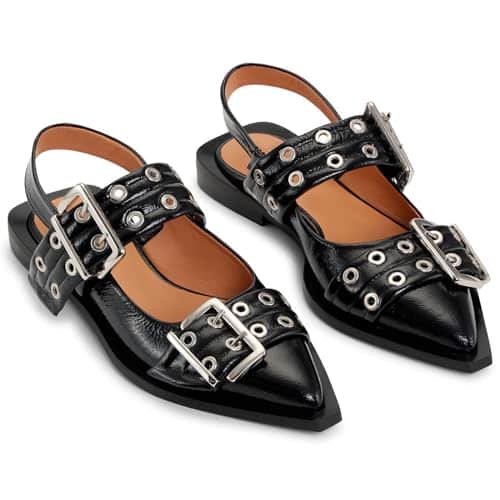Yishaweiqi Wide Welt Buckle Ballet Flats for Women Slingback Flats Casual Ballerina Shoes Flat Squared Block Heel Pumps Black