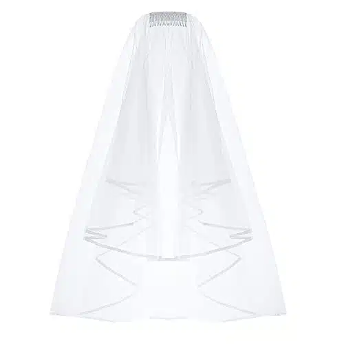 ZIYAN White Double Ribbon Edge Center Cascade Bridal Wedding Veil with Comb