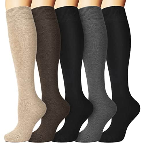 we fleece Warm Knee High Socks for Women Thermal Cotton Socks for Hiking,Work,Winter,Gifts(One Size, Pack BlackGreyBrownBeigeBlack)