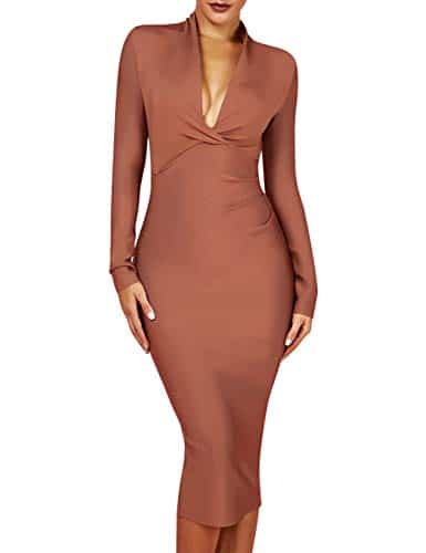 whoinshop Women 's Draped Deep Plunged Long Sleeve Night Out Club Cocktail Party Dresses with Knee Length (XL, Brown)