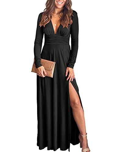 ANRABESS Women's Long Sleeve Sexy Deep V Neck High Waist Slit Cocktail Party Evening Maxi Dress Semi Formal Wedding Guest Prom Dresses Elegant Graduation Dress hei S