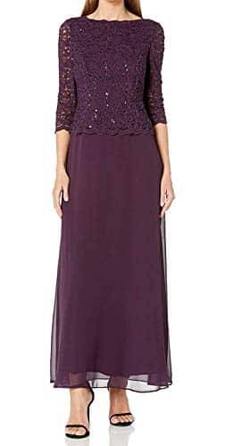 Alex Evenings Women's Sleeve Stretch Lace Bodice Mock One Piece Gown, Deep Plum, P