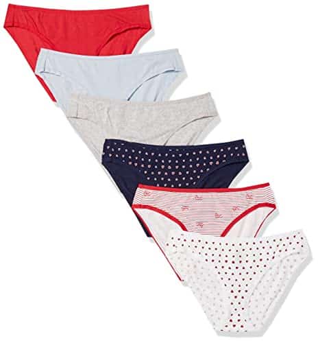 Amazon Essentials Women's Cotton Bikini Brief Underwear (Available in Plus Size), Pack of , HeatherHeartsStripe, Medium