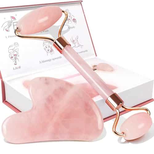 BAIMEI Jade Roller & Gua Sha, Face Roller, Facial Beauty Roller Skin Care Tools, Self Care Pink Gift for Men Women, Massager for Face, Eyes, Neck, Relieve Fine Lines and Wrinkles   Rose Quartz