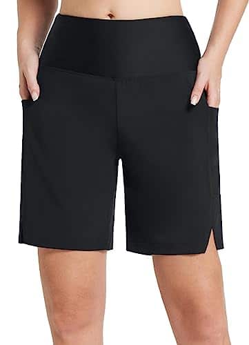 BALEAF Women's Long Swim Shorts High Waisted Board Shorts Swimming Bottoms Quick Dry Modest Beach Shorts with Liner Black XL