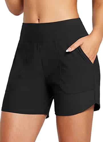 BALEAF Women's Swim Shorts Bottoms Board Shorts Tummy Control Modest Swimsuits Bathing Suit Beach Trunks with Pockets Black M