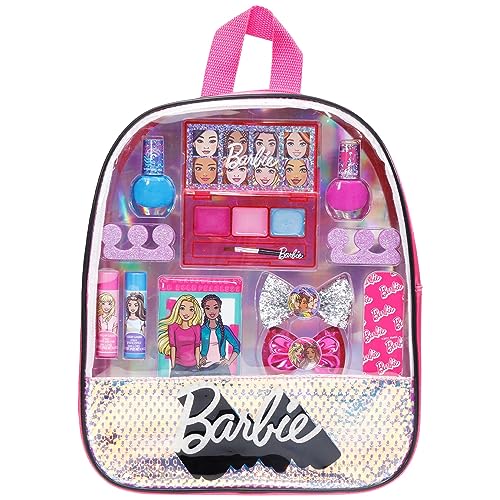 Barbie   Townley Girl Pcs Makeup Filled Backpack Cosmetic Gift Set with Mirror Includes Lip Gloss, Nail Polish, Hair Bow & More! for Kids Girls, Ages + Perfect for Parties, Sleepovers & Makeovers