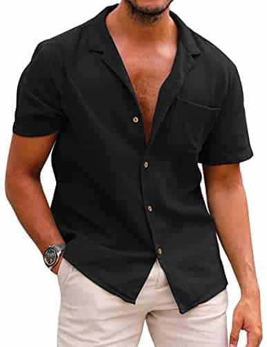 COOFANDY Men Cotton Linen Shirts Short Sleeve Button Down Relaxed Fit Floral Beach Shirts A  Black