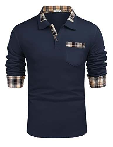 COOFANDY Men's Classic Fit Casual Long Sleeve Plaid Collar Polo Shirt, A long Sleeve Blue, Large