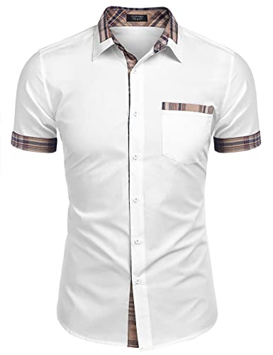 COOFANDY Mens Shirt Casual Dress Cotton Plaid Collar Button Down, White, Medium, Short Sleeve