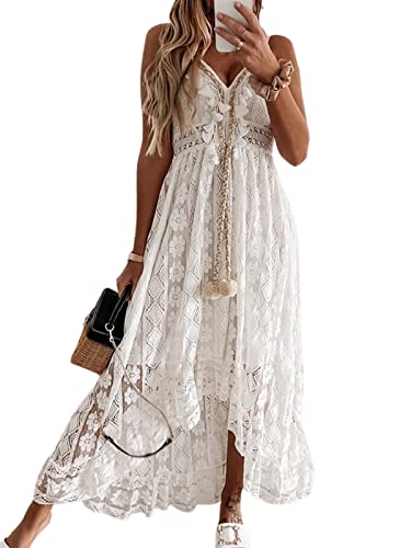 CUPSHE Women's Summer Slip Boho Maxi Dress Lace Up Tassel V Neck Flare Ruffle Beach Dresses White L