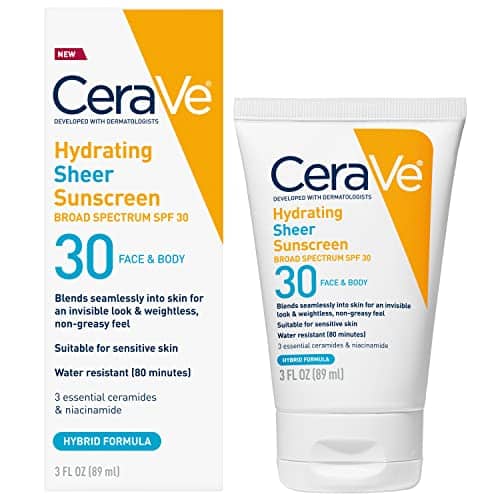CeraVe Hydrating Sheer Sunscreen SPF for Face and Body  Mineral & Chemical Sunscreen with Zinc Oxide, Hyaluronic Acid, Niacinamides and Ceramides Paraben Free Fragrance Free  Ounces